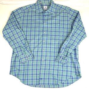 David Donahue Dress Shirt Button Up Men's XL Blue & Green Plaid Pattern